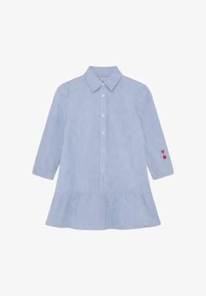 Camisa de manga larga con rayas azules claras y blancas, dobladillo en capas, cierre de botones, cuello y pequeño bordado floral rojo en la manga.