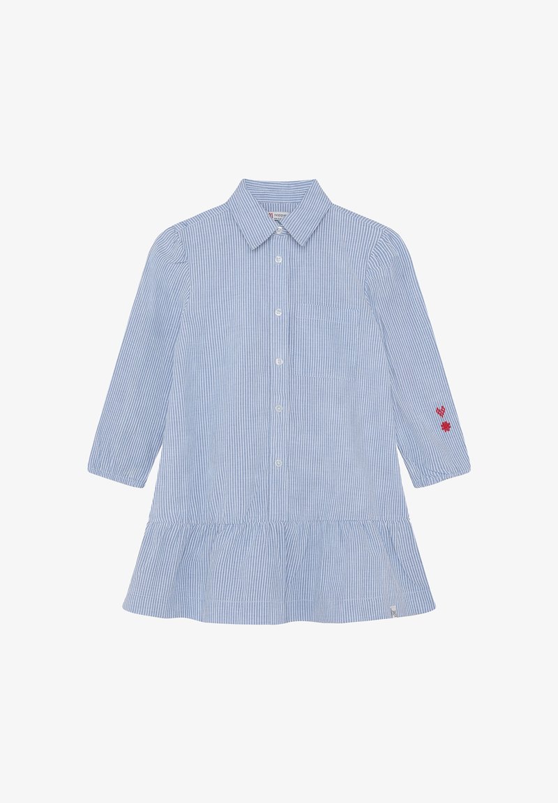 Niebiesko-biała koszula w paski z długim rękawem, z falbanowym dołem, zapięciem na guziki, kołnierzykiem oraz małym, czerwonym kwiatowym haftem na rękawie.