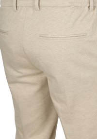 Beige geruite broek van een gestructureerde stof, met twee achterzakken en een platte voorkant. De tailleband heeft lussen voor een riem.