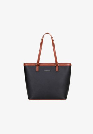 Zwarte schoudertas met bruine leren handvatten en afwerking, met een gladde textuur en een zilveren logo-accent aan de voorkant.