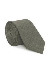 Cravate en tissu vert, enroulée en spirale. Fini texturé avec des motifs subtils. Largeur standard s'effilant vers une extrémité pointue.