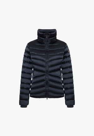 Navy puffer jacket featuring a high collar, quilted design, zip closure, and elastic cuffs. Smooth, shiny fabric with horizontal stripes.