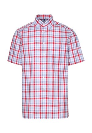Koszula na krótki rękaw na guziki, w kratę w kolorach czerwonym, białym i jasnoniebieskim, z kołnierzykiem zapinanym na guziki.
