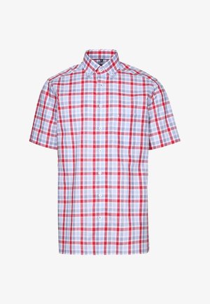 Kurzärmeliges Hemd zum Knöpfen mit kariertem Muster in Rot, Weiß und Hellblau sowie einem Button-Down-Kragen.