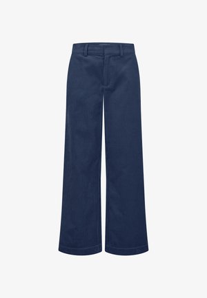 Wide-leg trousers in dark navy corduroy, featuring vertical ridges, a waistband with belt loops, and front pockets. No visible fastenings.
