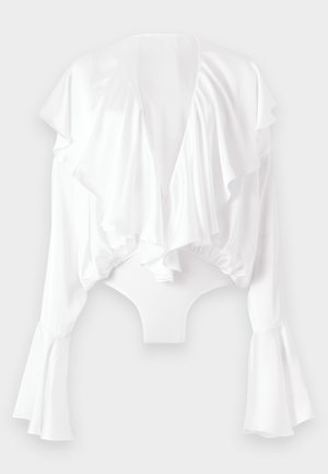 Body bianco con schiena a V profonda, parte anteriore volant e maniche svasate. Realizzato in un tessuto liscio e lucido con un design aderente.