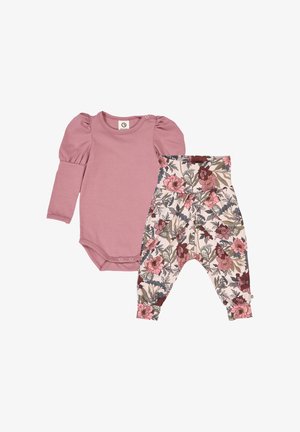 Pink long-sleeve bodysuit with puffed shoulders, paired with floral print pants featuring a light background and various colored flowers.