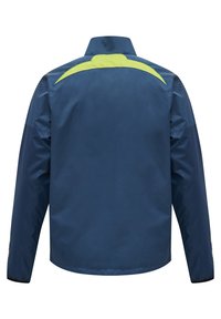 Mörkblå jacka med hög krage, kontrasterande neongula detaljer vid axlarna, meshpaneler på ärmarna och elastiska manschetter.