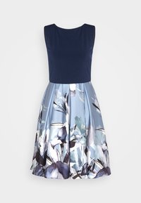 Marineblaue Korsettkleid mit einem ausgestellten Rock, der mit einem blauen Blumenmuster verziert ist. Glatter Stoff mit leichtem Glanz, ärmellos, runder Ausschnitt, gefältetes Design.