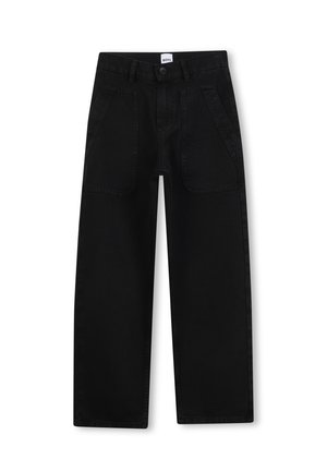 Jeans noirs à jambes larges en denim, avec une taille haute, des poches avant et une texture lisse. Étiquette positionnée à la taille.