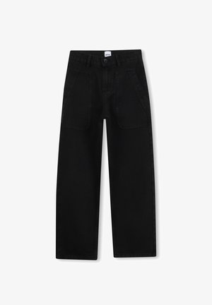 Jeans neri a gamba larga in denim, con vita alta, tasche frontali e una texture liscia. Etichetta posizionata in vita.