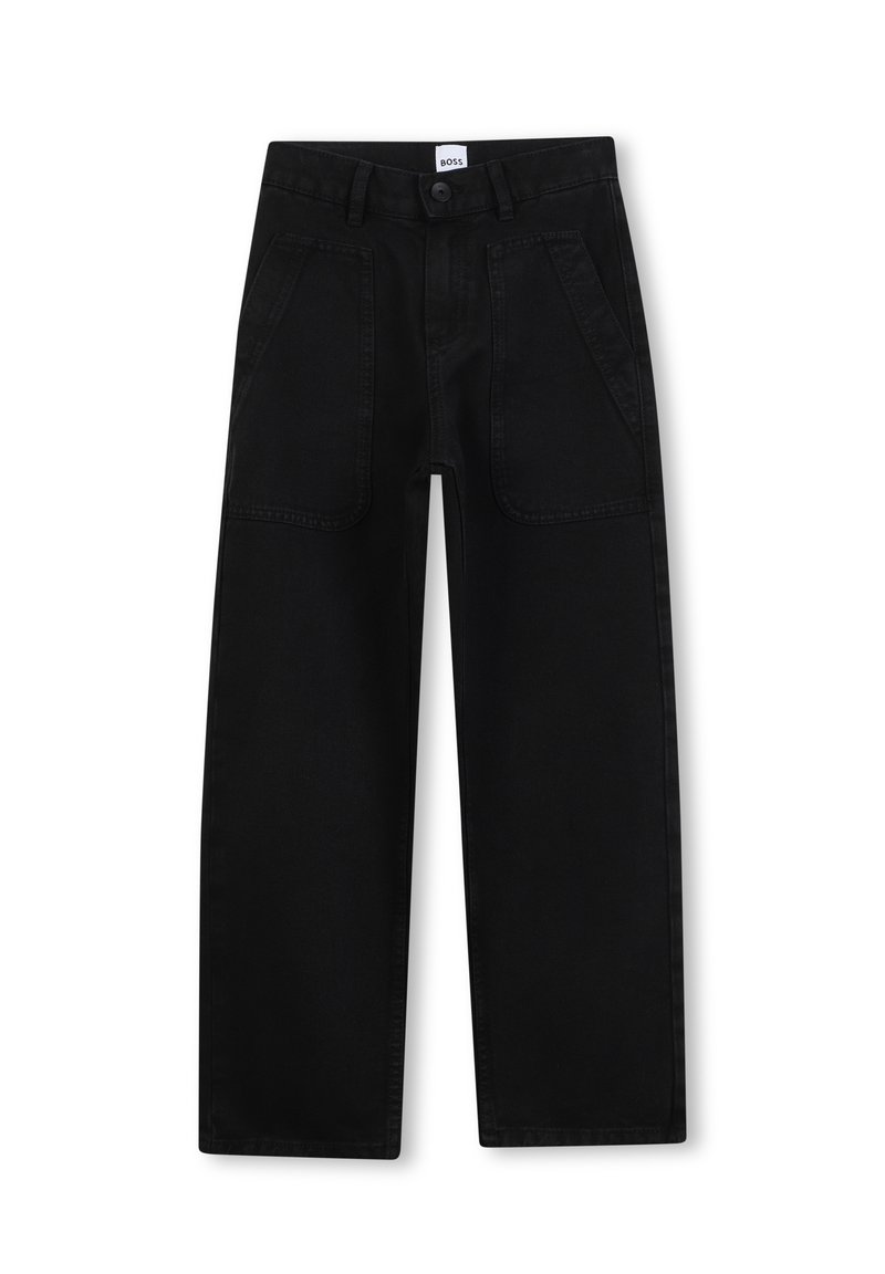 Jeans neri a gamba larga in denim, con vita alta, tasche frontali e una texture liscia. Etichetta posizionata in vita.