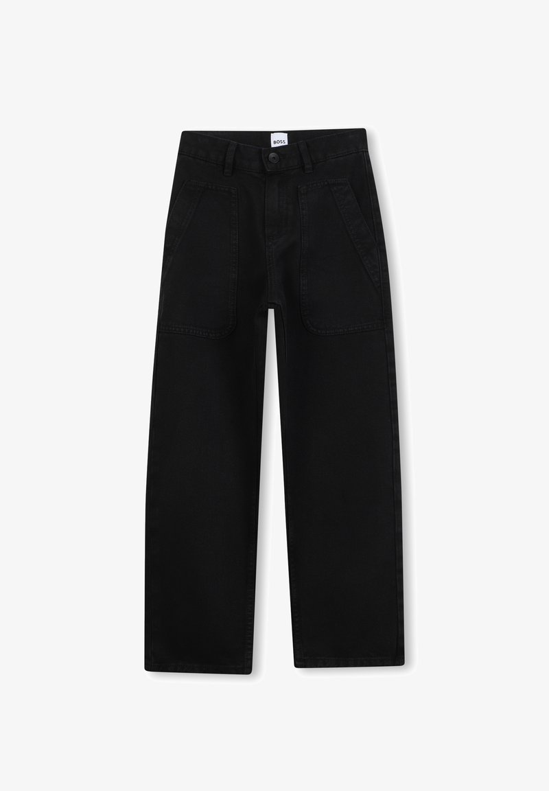 Jeans neri a gamba larga in denim, con vita alta, tasche frontali e una texture liscia. Etichetta posizionata in vita.