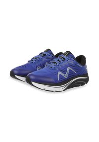 Blue athletic shoes with synthetic upper, textured design, reflective accents, and a cushioned white and black sole. Lace-up closure.
