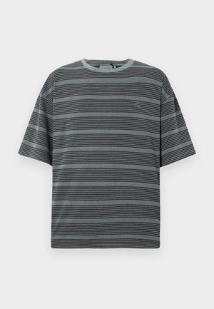 Cotton t-shirt with short sleeves, featuring alternating dark and light gray horizontal stripes, and a small logo on the chest.