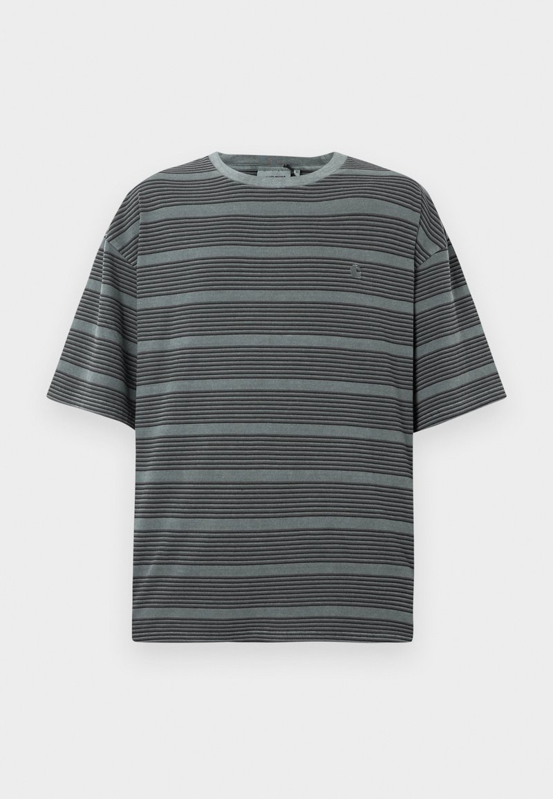 Cotton t-shirt with short sleeves, featuring alternating dark and light gray horizontal stripes, and a small logo on the chest.