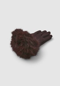 Gants bordeaux avec un poignet en fourrure douce. Les gants présentent une texture lisse et un design ajusté, accentuant la chaleur et le confort.