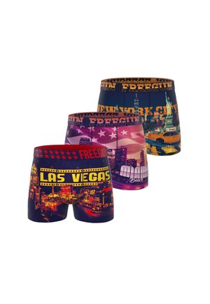 Trois boxers avec des imprimés à thème urbain : silhouette nocturne de Las Vegas, Miami Beach avec drapeau et New York avec la Statue de la Liberté et un taxi.
