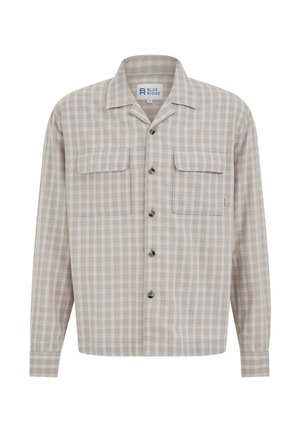 Bež in bela karo srajca z dolgimi rokavi, gumbi in ovratnikom, z dvema sprednjima žepoma s poklopcem, oznaka Blue Ridge, velikost srednja.