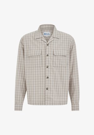 Bež in bela karo srajca z dolgimi rokavi, gumbi in ovratnikom, z dvema sprednjima žepoma s poklopcem, oznaka Blue Ridge, velikost srednja.