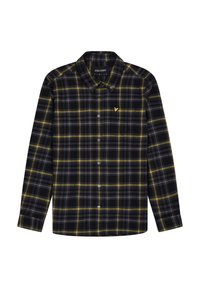 Camisa de manga larga con diseño de cuadros en negro, gris y amarillo, cierre de botones en el frente y un pequeño logo bordado en el pecho.