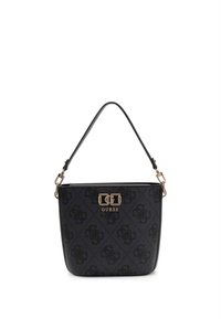 Black faux leather handbag with embossed logo pattern, structured shape, thin strap, and gold-tone hardware featuring a clasp detail.