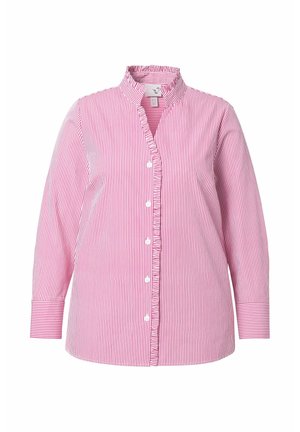 Button-up shirt in roze en witte gestreepte katoen, met een hoge kraag, lange mouwen en een rechte zoom met een subtiele ruchedetail.