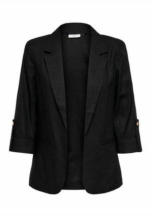 Črni ženski blazer s tremi četrtinami rokavov, zarezanim ovratnikom in sprednjimi pasnimi žepi, prikazan na belem ozadju.