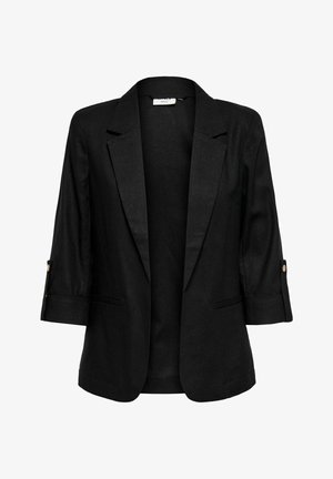 Veste noire pour femme avec manches trois-quarts, revers crantés et poches passepoilées devant, présentée sur fond blanc.