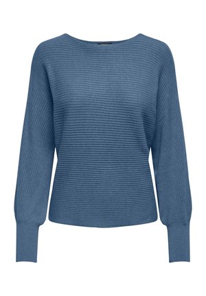 Blue ribbed knit sweater with long, slightly puffed sleeves and a wide boat neckline. Soft texture and casual fit.
