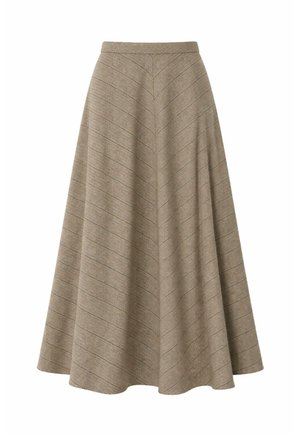 Beige, A-lijn midi rok met subtiel diagonaal visgraatpatroon en aansluitende tailleband, gelijkmatig uitvloeiend naar de zoom.