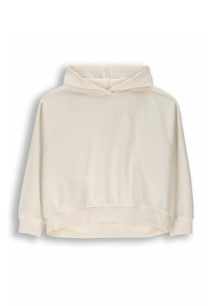 Kremowa bluza z kapturem z długimi rękawami raglanowymi, lekko skróconym dołem i delikatnie wytłoczonym logo marki na klatce piersiowej.