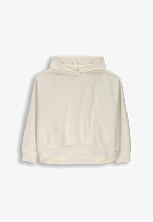 Kremowa bluza z kapturem z długimi rękawami raglanowymi, lekko skróconym dołem i delikatnie wytłoczonym logo marki na klatce piersiowej.