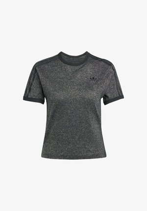 Black short-sleeve t-shirt with a shimmering texture, ribbed crew neckline, and three stripes along the shoulders. Features an embroidered logo.