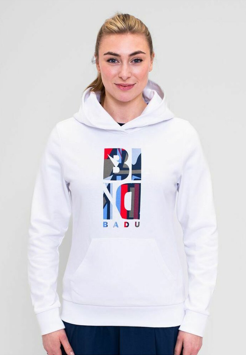 Sudadera blanca con bolsillo frontal, que presenta un diseño gráfico multicolor con la inscripción "BLND BADU" en varios colores y patrones.
