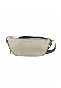 Borsa a tracolla in pelle texturizzata color oro chiaro con tracolla nera regolabile, con testo brandizzato e chiusura con zip superiore.