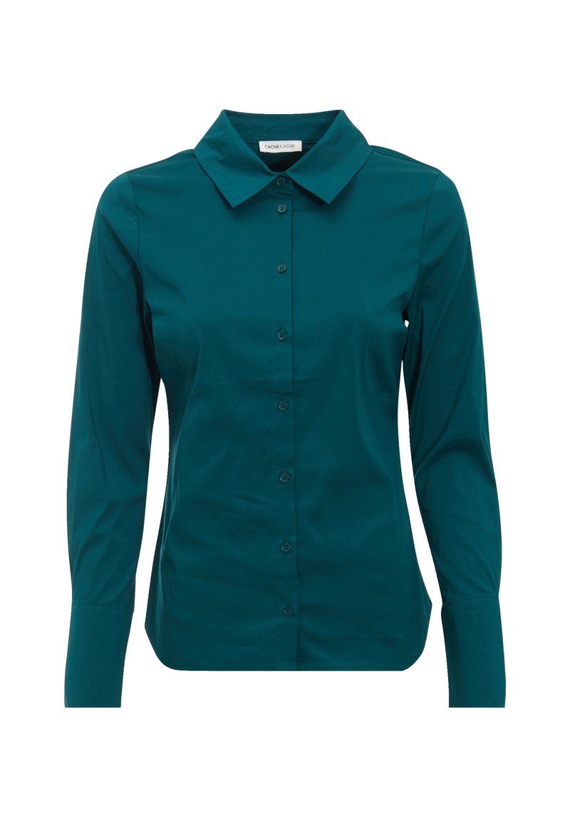 Chemisier pour femme à manches longues de couleur bleu sarcelle, avec un col, une coupe ajustée et des boutons sur toute la longueur à l'avant.