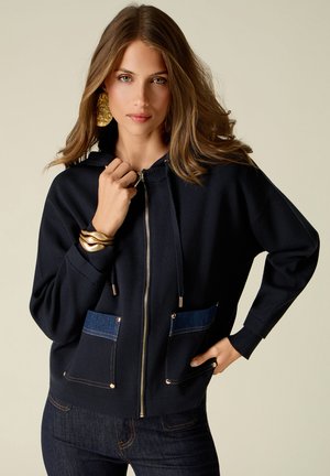 Oltre, MAGLIA CON ZIP, CAPPUCCIO E DETTAGLI IN DENIM (ITALIAN SIZE) - Cardigan - blu