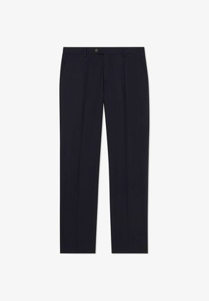 Formalne spodnie w ciemnym granatowym kolorze, o prostych nogawkach, z bocznymi kieszeniami, szlufkami na pasek i zapięciem na guzik w pasie.