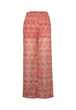 Pantaloni a gamba larga realizzati in tessuto leggero, caratterizzati da un motivo a zigzag multicolore nelle tonalità di rosa, arancio e giallo, con una cintura elastica.
