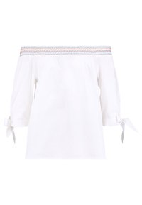 Blusa bianca off-shoulder con scollo smock multicolore, maniche a tre quarti e fiocchi legati ai polsini delle maniche.