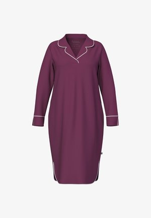 Purple dress with long sleeves, a collar, and white piping along the neckline and cuffs. Smooth fabric, knee-length design, side slits.