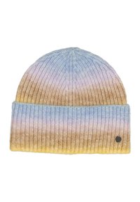 Knit beanie hat with folded brim, featuring horizontal gradient stripes in blue, purple, brown, and yellow tones, with small round metal logo.