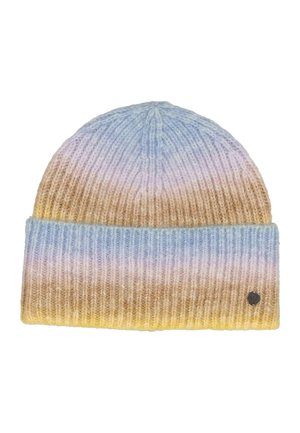 Knit beanie hat with folded brim, featuring horizontal gradient stripes in blue, purple, brown, and yellow tones, with small round metal logo.