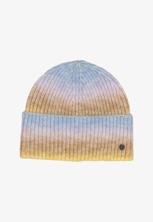 Knit beanie hat with folded brim, featuring horizontal gradient stripes in blue, purple, brown, and yellow tones, with small round metal logo.