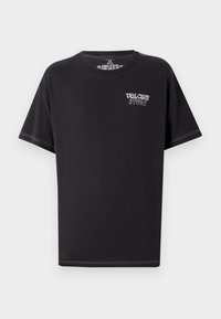 Black short-sleeve t-shirt made of cotton, featuring a round neck and white “VOLCOM STORE” logo on the chest with contrasting stitching.