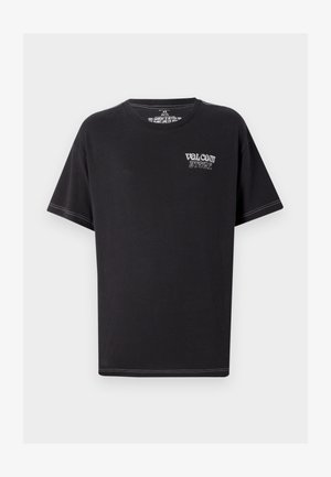 Zwarte korte mouwen T-shirt van katoen, met een ronde hals en een wit "VOLCOM STORE" logo op de borst met contrasterende stiksels.