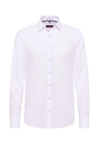 Camicia bianca a maniche lunghe in tessuto liscio con colletto a punta e cinque bottoni argentati lungo la parte anteriore. Presenta polsini con bottoni.