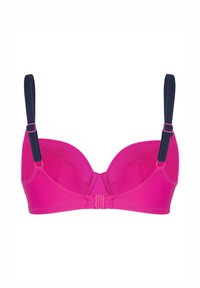 Różowy stanik z wyściółką i regulowanymi niebieskimi ramiączkami. Posiada gładki materiał, wsparcie z fiszbinami oraz zapięcie na haczyk i oczko z tyłu.