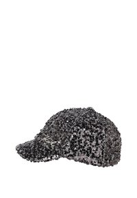 Baseballcap aus schwarzen und silbernen Pailletten, mit einem leicht gebogenen Schirm und einem aufgenähten Logo an der Seite. Strukturiert, funkelt.